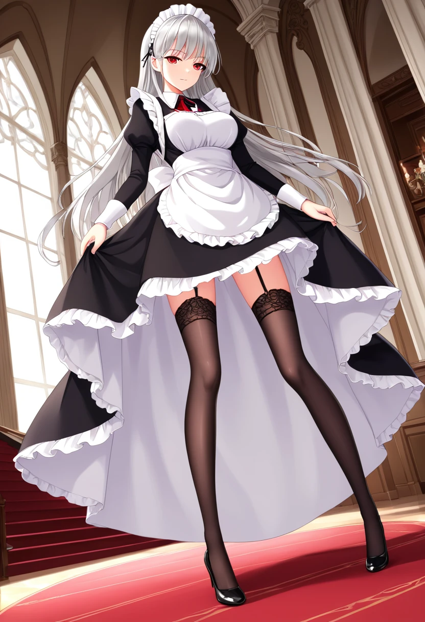 Dynamic Angle,Long silver hair,Red eyes,fine grain,Have a sensual body,Very beautiful long legs.,Black knee-highs,garter,Perfect body, (masterpiece, Highest quality:1.2),Maid, headdress,apron,Are standing
