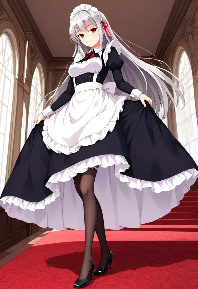 Dynamic Angle,Long silver hair,Red eyes,fine grain,Have a sensual body,Very beautiful long legs.,Black knee-highs,garter,Perfect body, (masterpiece, Highest quality:1.2),Maid, headdress,apron,Are standing