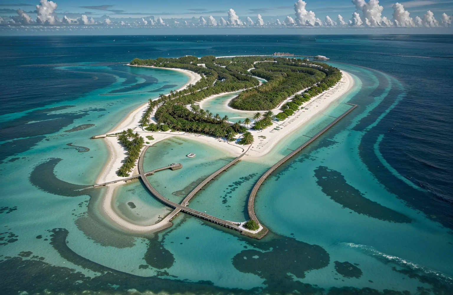 does not change the image of the island, turning the water surface into the Maldives sea surface, with a surrounding strip of sand gradually radiating out into the water surface.