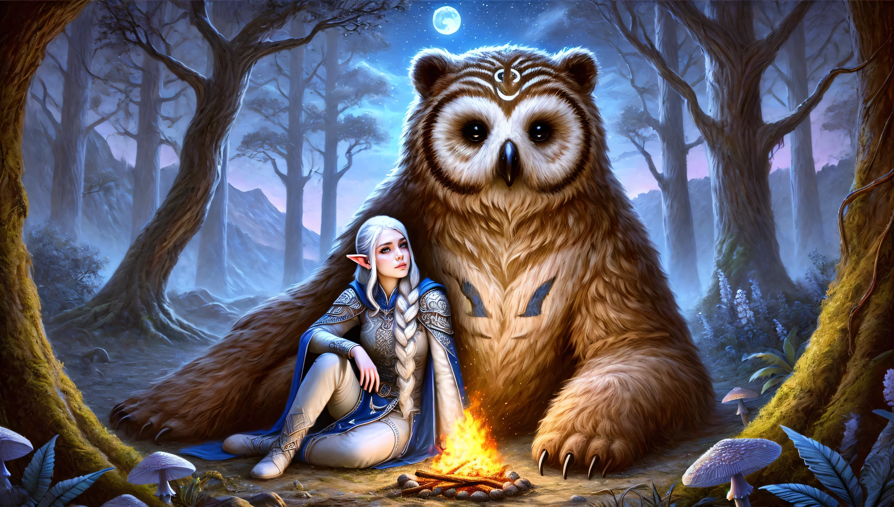 ((ultra detailed, masterpiece, absurdres))
BGShadowH, 1girl, white hair, braid, tiara, hair ornament, the story of the brave Owlbear Cub from the ballad. The scene shows the hybrid of owl and bear, with an owl's face and feathers mixed with fur on a bear's body, lying down beside a campfire in a position similar to a dog. The Owlbear is brown with a white belly. Shadowheart, an elven young woman with white hair in a high braided ponytail and side bangs, is leaning against the Owlbear. Shadowheart is dressed in white armor adorned with moon patterns, fitting her role as a cleric of Selune. The background includes a misty, twilight-lit landscape, capturing the essence of their adventures and bond. The forest is dense with ancient trees, and the sky is a mix of deep blues and purples, adding to the enchanted and heroic mood of the illustration