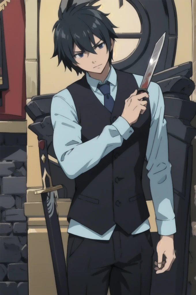 Create a scene of an extremely powerful young man with a sword in one hand and in the other hand a knife covered in blood.