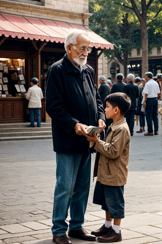 Image
An old man handing a small book to a young boy in a bustling town square