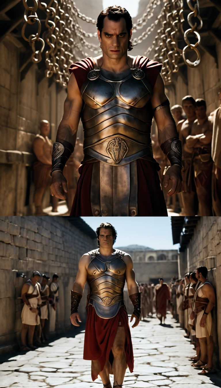 arafed man in a roman costume standing in a prison, in screenshot from the 300 movie, the the man is wrapped in chains, henry cavill as a greek god, 8 k movie still, henry cavill is a greek god, 300 the movie, inspired by Exekias, leading spartans into battle, film still from god of war