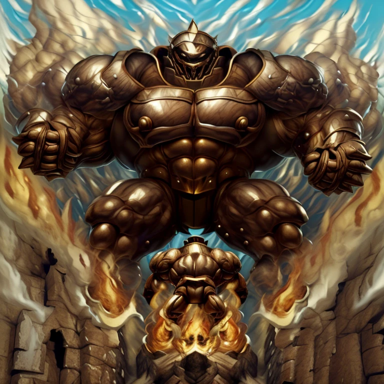 SOLO (masterpiece. official art. 8k. best quality. detailed full body. full body.)

(situation 1 : dominating Armored Flazzard. Armored Flazzard is over 1000 meters long. focus GIANT mechanical Muscular Armored Flazzard is trampling the city. Looking down. macro. stomp. Low-angle perspective. emphasizing the immense size.)

(situation 2 :smoke and flames rising from the destruction in the city)

(Additional details 1: real texture material. whole body shines like metal. emphasizes the muscles. suit fully made of metal.).

(Additional details 2: Detailed head. Detailed Body. Detailed abs. gigantic muscles. HYPER MUSCLES. Gigachad Muscular. big muscle. pecs. triceps. traps. unusually developed muscular body. body full of huge muscles. showing off muscles. pectorales enormes. Exaggeratedly huge muscles. huge muscles. long legs.).
his back he wears a golden cloak.