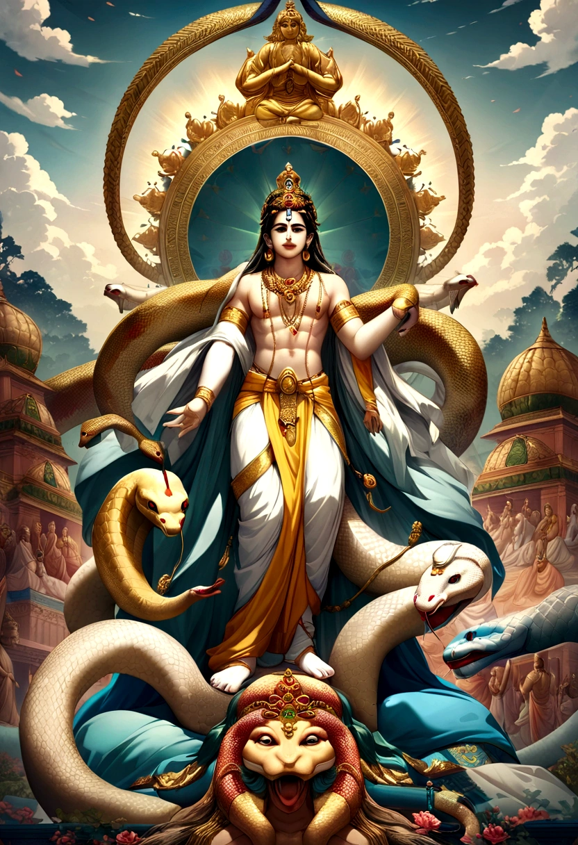 (((snake))) Highest quality, Ultra-high resolution, 4K detailed CG, Master Parts, Krishna, Hindu God,Cobra,em cima da Cobra, Hindu God話,((em cima da snake)), Image of hinduism , beautiful, In the center of the screen