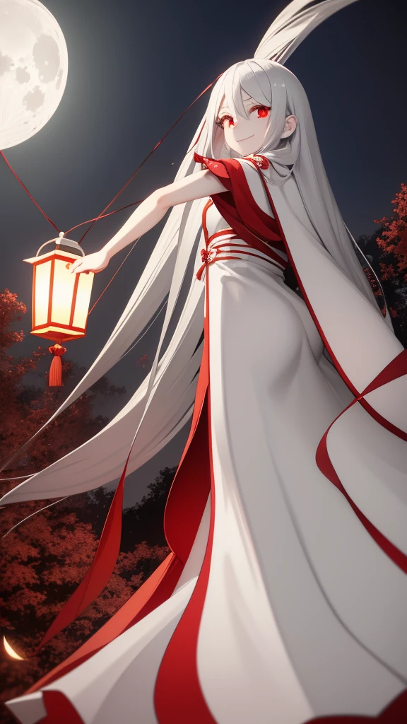 1 girl, silver hair, red eyes, white skin, smile, long hair, flying, floating in the air, white cloak, holding a lantern, Chinese lantern, night, moon, blood