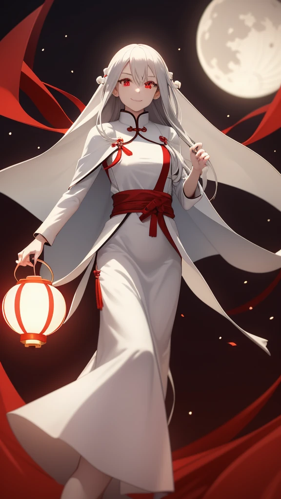 1 girl, silver hair, red eyes, white skin, smile, long hair, flying, floating in the air, white cloak, holding a lantern, Chinese lantern, night, moon, blood