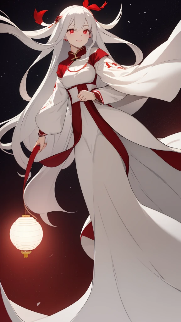 1 girl, silver hair, red eyes, white skin, smile, long hair, flying, floating in the air, white cloak, holding a lantern, Chinese lantern, night, moon, blood