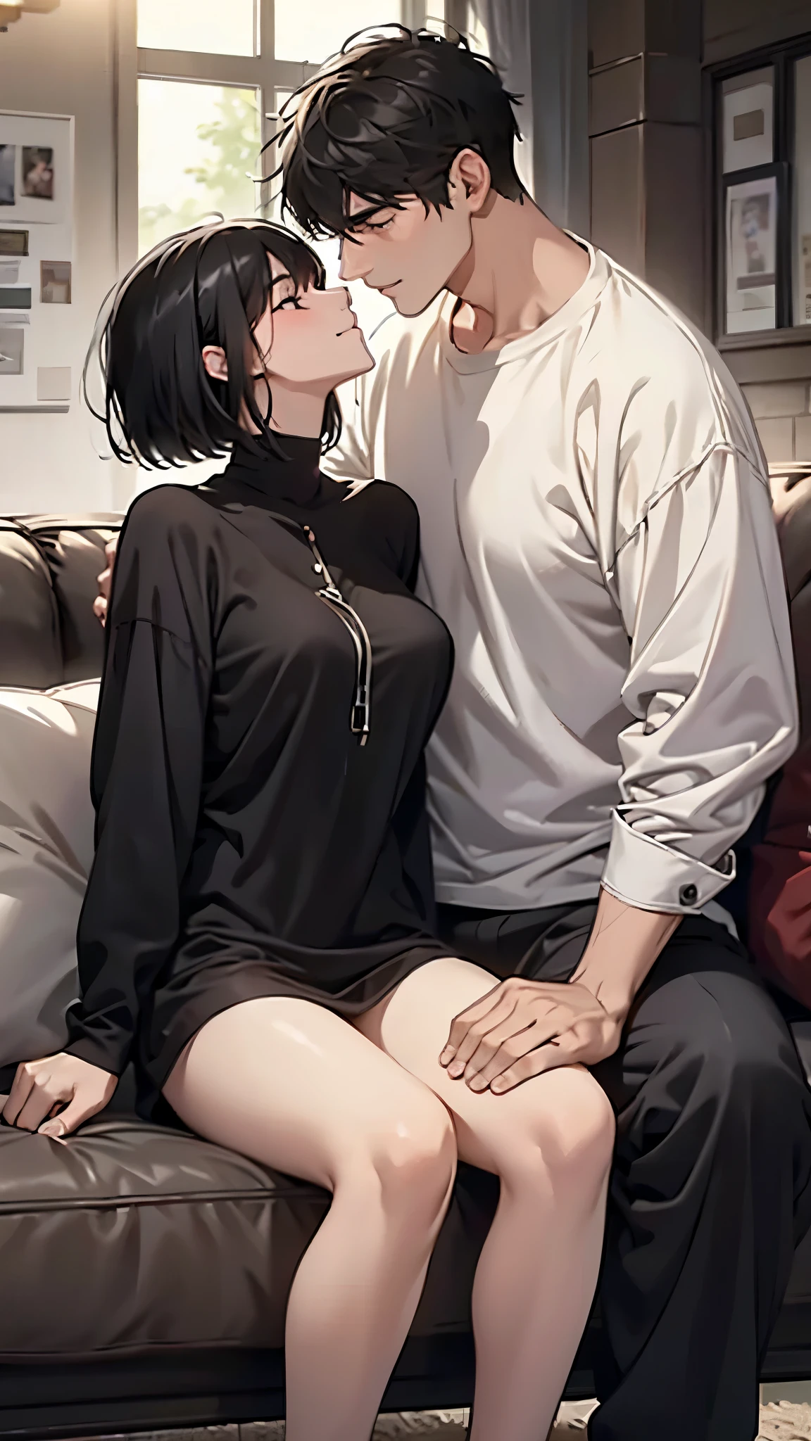 A tall, middle-aged man with short white hair and a tough look、A girl with black hair, a bob and big breasts、Man and woman lovers、Age Difference、love story、２Alone、Height difference、Two people sitting on a big sofa and kissing、Late Night、Full body description、smile、In pajamas、Chill out、Gazing at each other、
