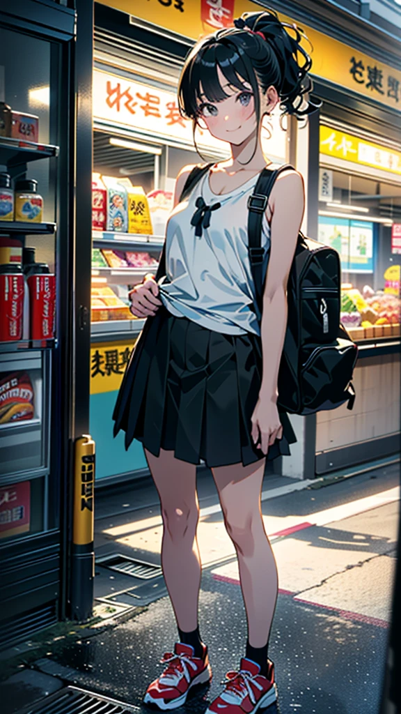 (8K, RAW Photos, 最high quality, masterpiece:1.2), high qualityのRAWカラー写真, Professional photo shoot, Cinematic Light, alone, (((young woman, Gal))), (Sharp features), (Small face), (Skin with attention to detail:1.2), clavicle, Cute face, Beautiful appearance, Long eyelashes,Girl Turning Around, smile, (Black Hair, Long straight line), Tank top, Short spats, sneakers, Backpack, Night Park, Confident attitude, Capture the happy moment, Artistic painting,Attractive thighs, (A very fine touch:1.2), (はにかんだsmile), Peaceful atmosphere, Oil painting style, Bright colors, (Are standing:1.5, Inside a convenience store, Full body portrait), Smooth texture, Gazing Eyes, Beautiful Skin, Shiny skin, ((Perfect Fingers, Five Fingers, Anatomically correct)), Background Blur, high quality, Surreal, ((Very detailed, photo shoot)),A large number of people、blush、plump、Black Hair、Tie-up hair、ponytail、