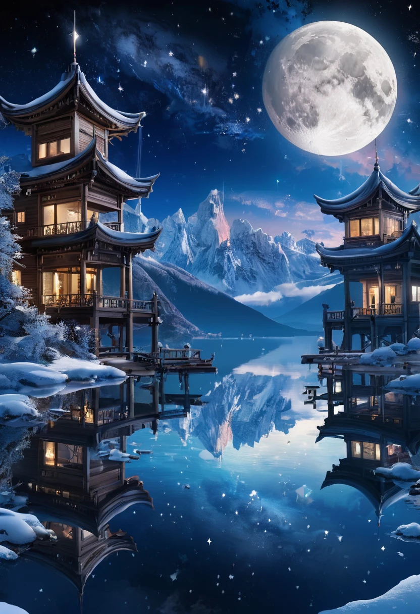 Ultra-high quality,Sea,Reflection,City lights are bright,moon,Snow-capped mountains in the distance,galaxy, Star,Sea of Clouds, Beautiful scenery, Night view,masterpiece