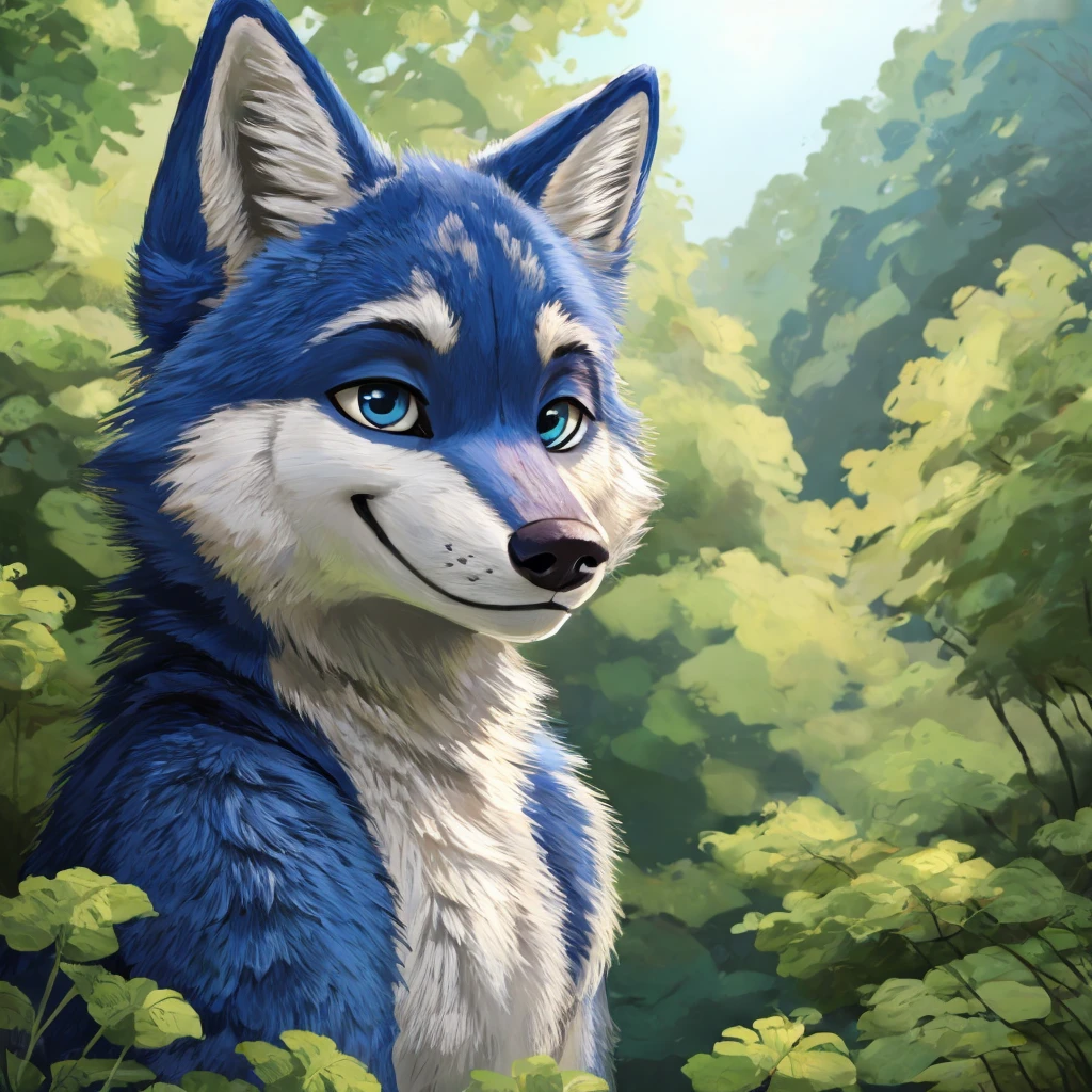 a cute and anthropomorphic blue colored fur wolf, closed smile, high quality furry art, cute nature background.