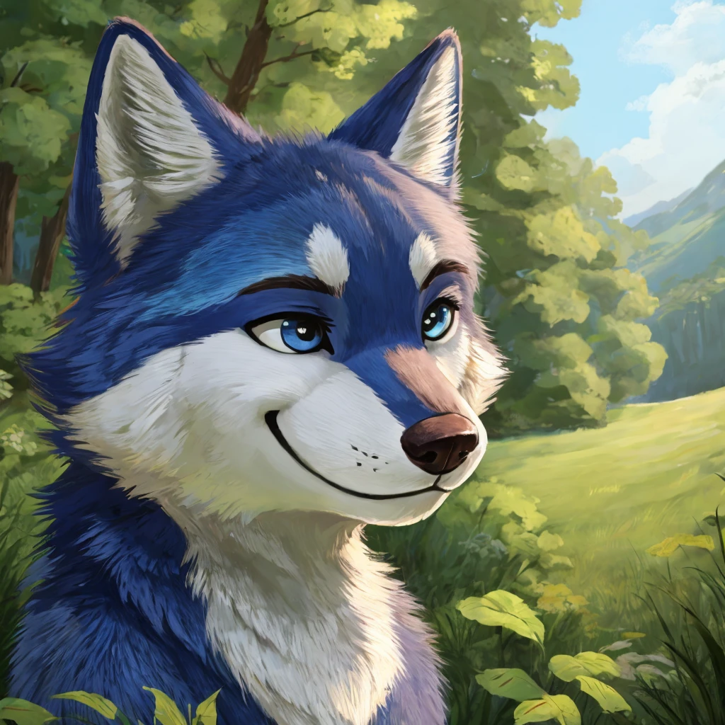 a cute and anthropomorphic blue colored fur wolf, closed smile, high quality furry art, cute nature background.