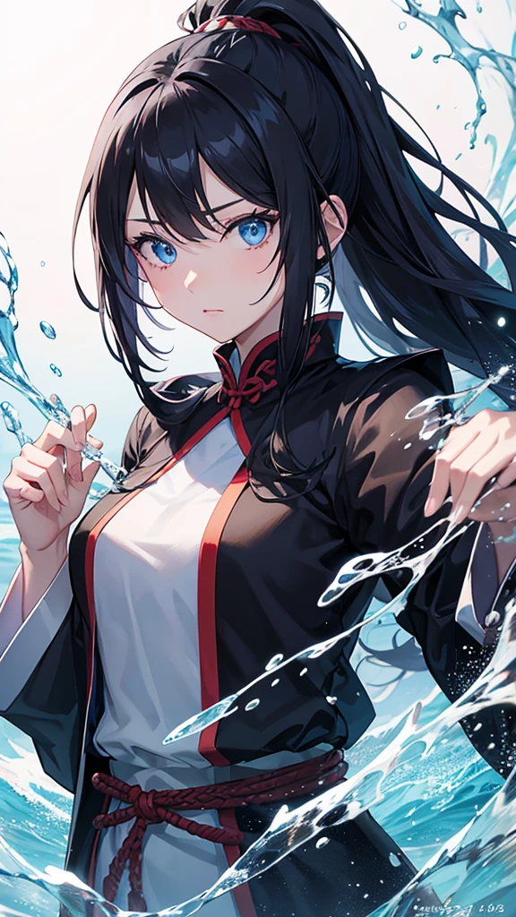 Cover Magazine, anime, young woman, alone, Long Hair, Black Hair, ponytail、blue eyes, model, beautiful, 大きくbeautiful胸, Half Body Portrait, Fantasy, Ice and water、Japanese sword