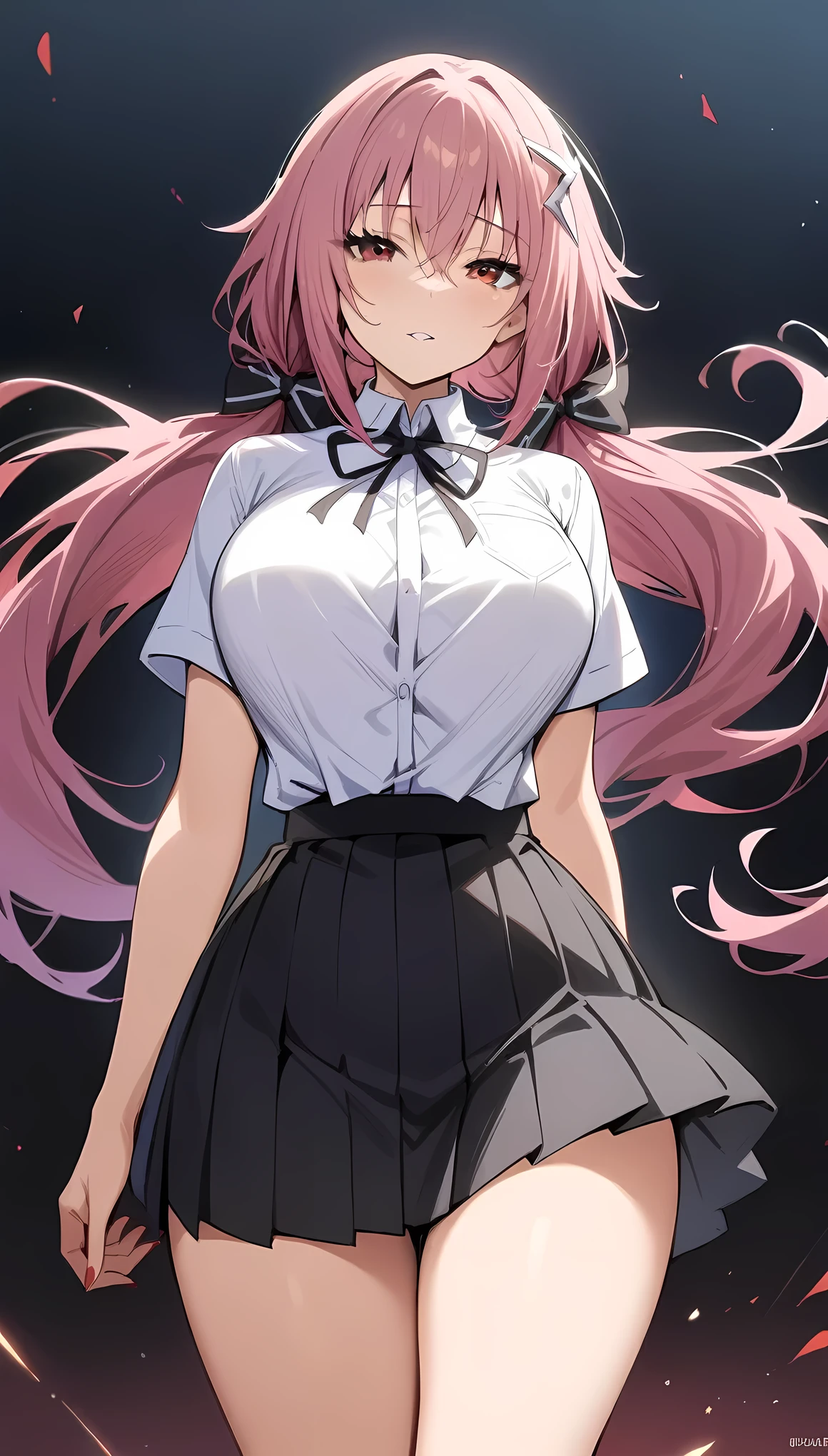 masterpiece, best quality, very aesthetic, absurdres, newest,1girl, huge tit, pleated skirt, shirt tucked in, tented shirt,yuzuriha_inori(guilty_crown), guilty_crown, 1girl, floating_hair, low_twintails, hair_ornament, linea_alba, long_hair, medium_breasts, pink_hair, red_eyes,on stagestanding