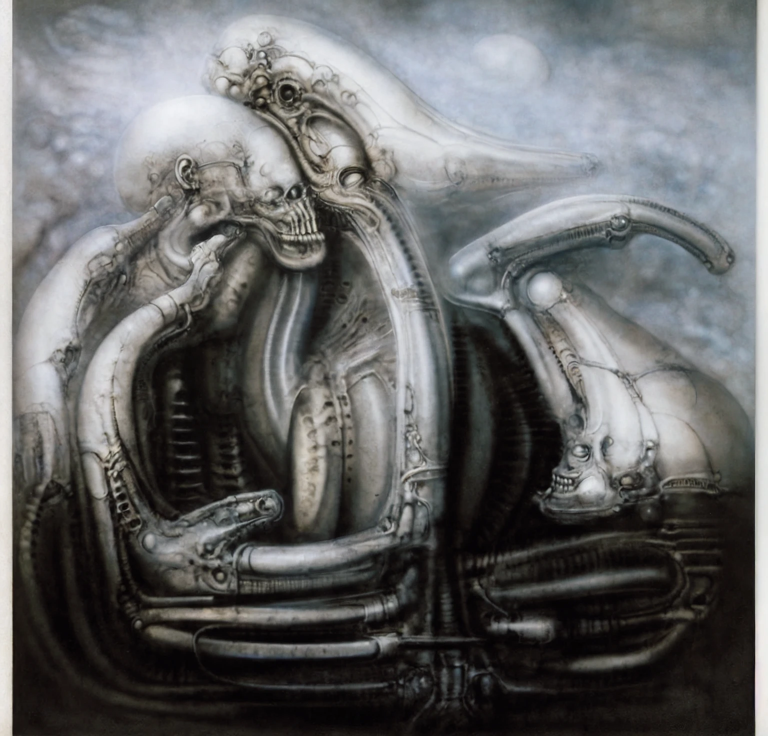 The image is a detailed view of H.R. Giger's Tableau \"NYC \" plate.  The image is a black and white illustration depicting a surreal landscape with a large city-like structure, featuring intricate pipes and mechanical parts, set against a cloudy sky.
 It's acomplex, abstract bone and ivory structure that resembles pipes and wires. The structure is composed of numerous pipes and wires intertwining and overlapping each other in a chaotic yet harmonious manner.
The style  is clearly biomechanical. Features combination of organic and mechanical forms. Mechanical elements dominate the background of composition, there are subtle organic hints. The use of undersaturated purple-grays dark contrasts creates a stark and graphic look. Is used a variety of linework techniques to create different textures. Fine, parallel lines create a smooth, metallic texture,while thicker, more cursive lines suggest cables or wires. The artwork is shiny and purplish brown, with an ivory bones prominently displayed. The image is highly detailed and intricate, almost like a 3d version of a medical diagram (detailed view of an anatomy sketch, possibly of a humanoid body, with transparent organs and bones exposed). The piece has a thick mechano-organic texture and is covered in fine details. The image has a swirling, organic quality to it. The artistic manner would be unmistakably Gigeresque. A dark and unsettling beauty would permeate the piece, blurring the lines between fascination and repulsion , forever haunted by the grotesque allure. Giger's signature artistic manner would be evident in every stroke. The airbrush would be wielded with masterful precision to create a hyperrealistic yet yet nightmarish aesthetic.
 The texture of ivory with signs of burning and fossilization can be seen in the mix of smooth and rough brushstrokes,hrgiger,HRGigerArhP style