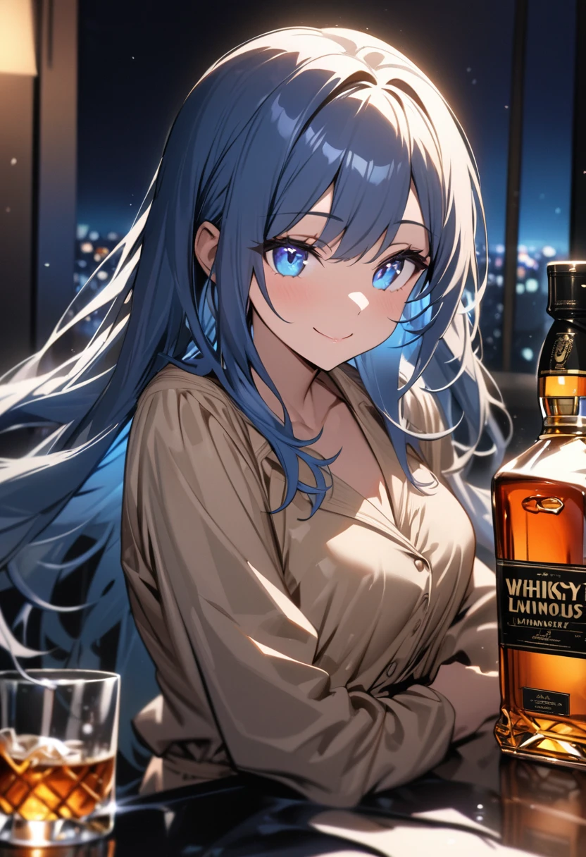 (masterpiece), (best quality), (sharp focus), (depth of field), (female): solo, (perfect face), (detailed outfit), (),(smile), beautiful female,blue eyes, whole body,blue hair, long hair,(((((background of night view))))), (((suit))), wine, whisky, highball, (((((beige blouse))))),(shiny luminous, effects:1.2)