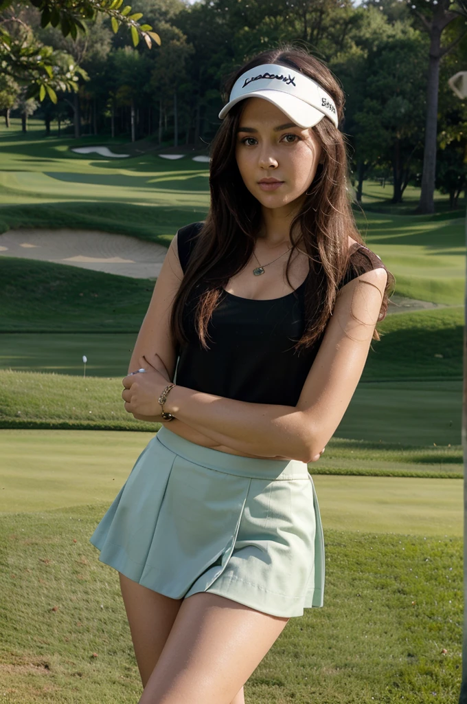 1girl in, 30 years old, Square face, Long hair, Looking at viewer, jewelry, Reality, Sexy, Short skirt outfit, , golf course backdrop, free pose