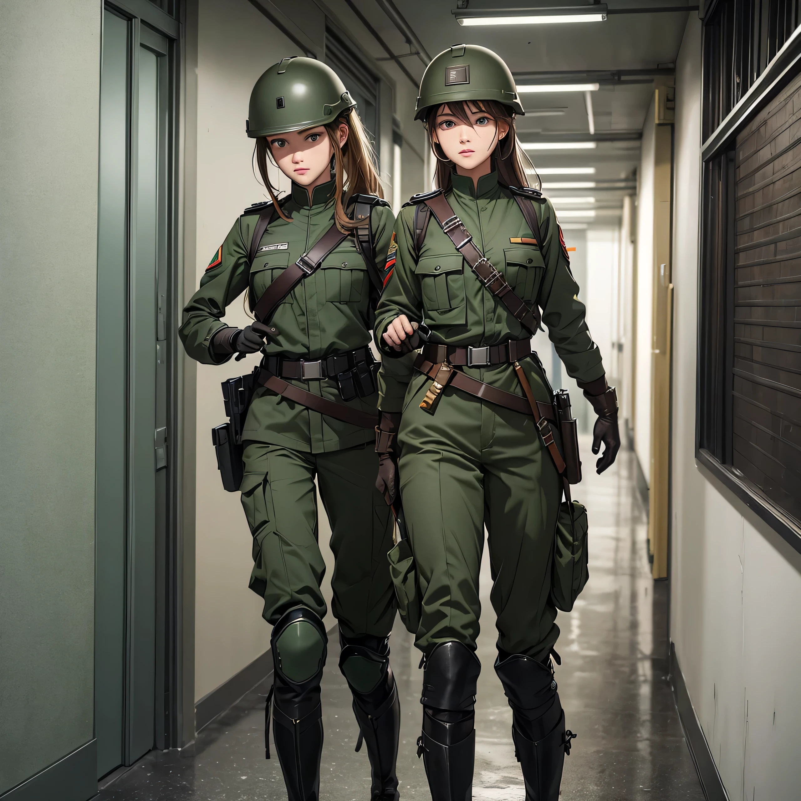 Two female soldiers wearing helmets、Standing guard in the office corridor、Dark green military uniform、Military Pants、Slanted shoulder straps、Riding boots、Gloves、Seven-point lens、Write details、masterpiece、best quality、Highly detailed CG、8K picture quality