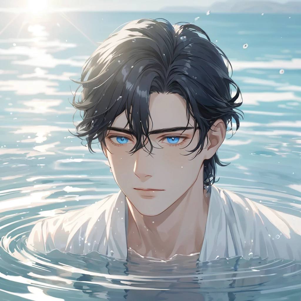 Anime-style male character in water, (long black hair:1.2), (gentle expression:1.1), blue eyes, white noble outfit, (rippling water effect around body:1.3), sunlight reflecting on water, clear sky, subtle water splashes, high-resolution digital art, soft color palette, tranquil atmosphere, (serene ocean background:1.1), realistic water texture
