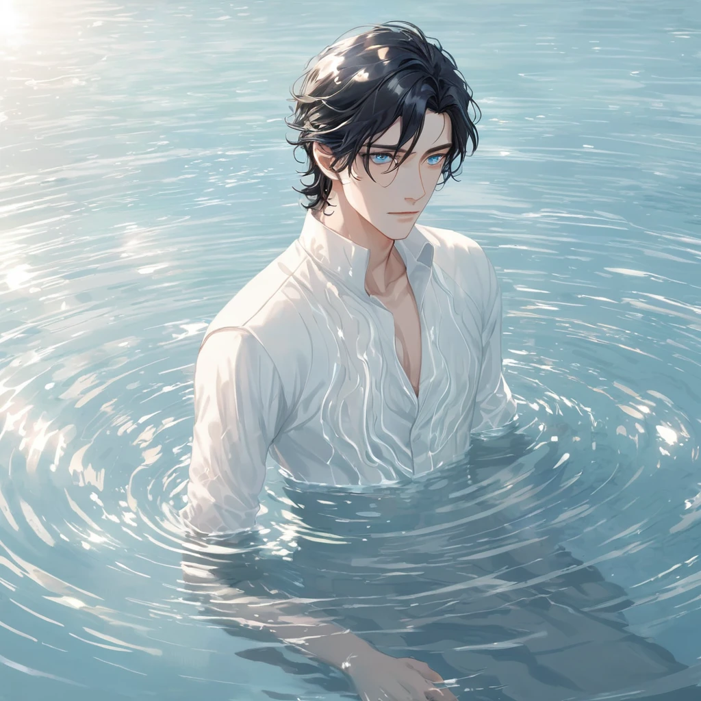 Anime-style male character in water, (long black hair:1.2), (gentle expression:1.1), blue eyes, white noble outfit, (rippling water effect around body:1.3), sunlight reflecting on water, clear sky, subtle water splashes, high-resolution digital art, soft color palette, tranquil atmosphere, (serene ocean background:1.1), realistic water texture