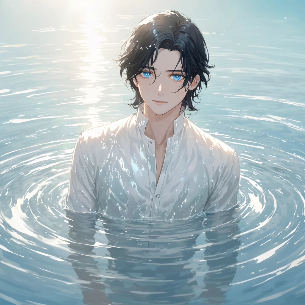 Anime-style male character in water, (long black hair:1.2), (gentle expression:1.1), blue eyes, white noble outfit, (rippling water effect around body:1.3), sunlight reflecting on water, clear sky, subtle water splashes, high-resolution digital art, soft color palette, tranquil atmosphere, (serene ocean background:1.1), realistic water texture