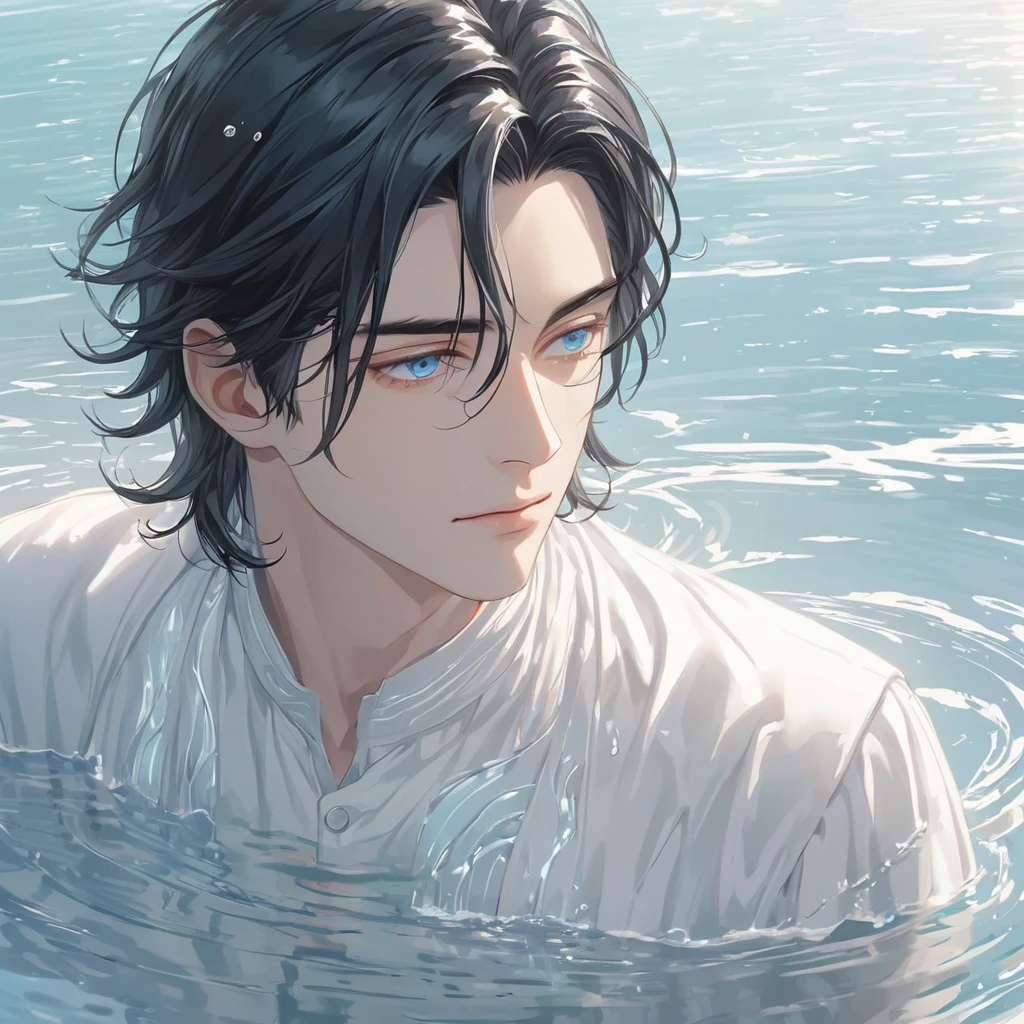 Anime-style male character in water, (long black hair:1.2), (gentle expression:1.1), blue eyes, white noble outfit, (rippling water effect around body:1.3), sunlight reflecting on water, clear sky, subtle water splashes, high-resolution digital art, soft color palette, tranquil atmosphere, (serene ocean background:1.1), realistic water texture
