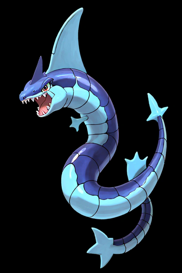 Aquadrake is a sleek, serpentine Pokémon with a streamlined body designed for swift movement in water. Its scales are a deep, iridescent blue that shimmer with hints of green and purple. It has a long, finned tail that propels it through the water and large, sharp fins on its back. Its eyes are a piercing blue, and it has a set of small horns on its head that resemble waves. Aquadrake's mouth is filled with sharp teeth, and it has whisker-like fins on the sides of its face.