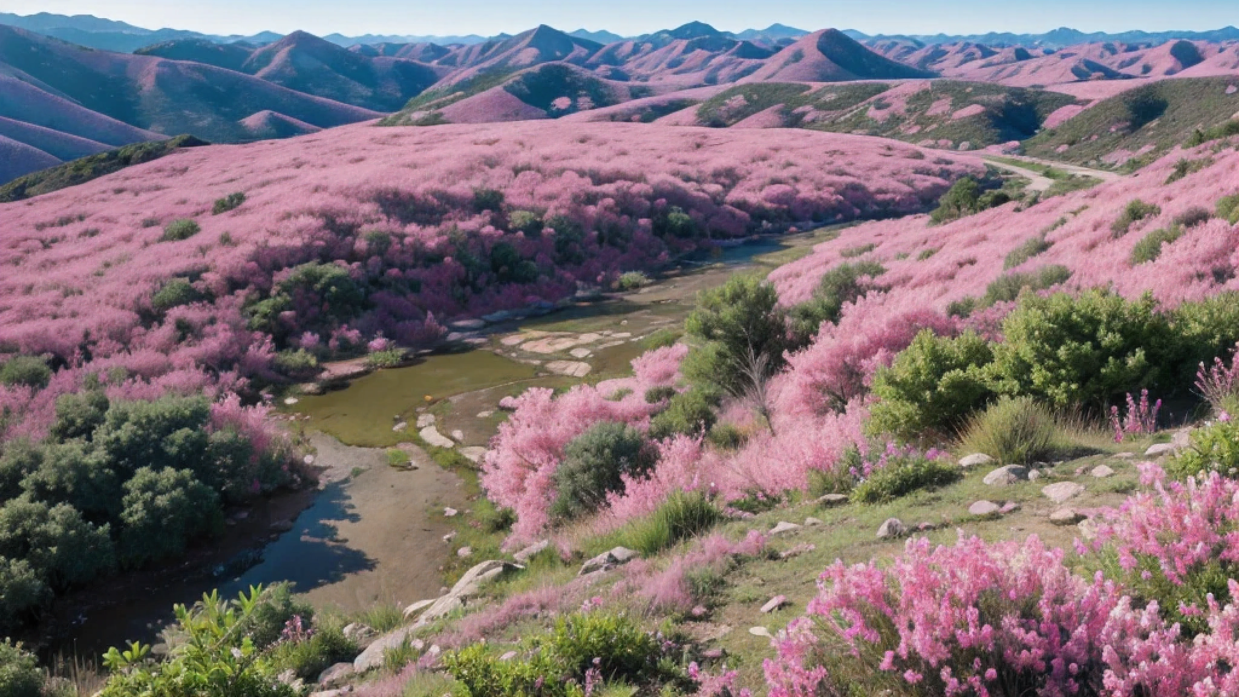 Pink vegetation，Overlook from above，Big scene， best quality. 8K Ultra HD