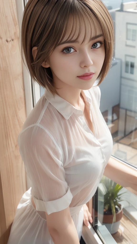 (masterpiece), (best quality), Ultra-high resolution, Raw photo, A photo-realistic, ((Looking outside by the window on a rainy day)), super cute woman, 1girl, (perfect face:1.2), (beautiful face:1.2), (((white hair))), pixie hair, (upper body:1.3), light smile, (looking out the window:1.4), pose, sheer shirt, indoors, morning time, intricate, depth of field, cinematic lighting, coffee,
