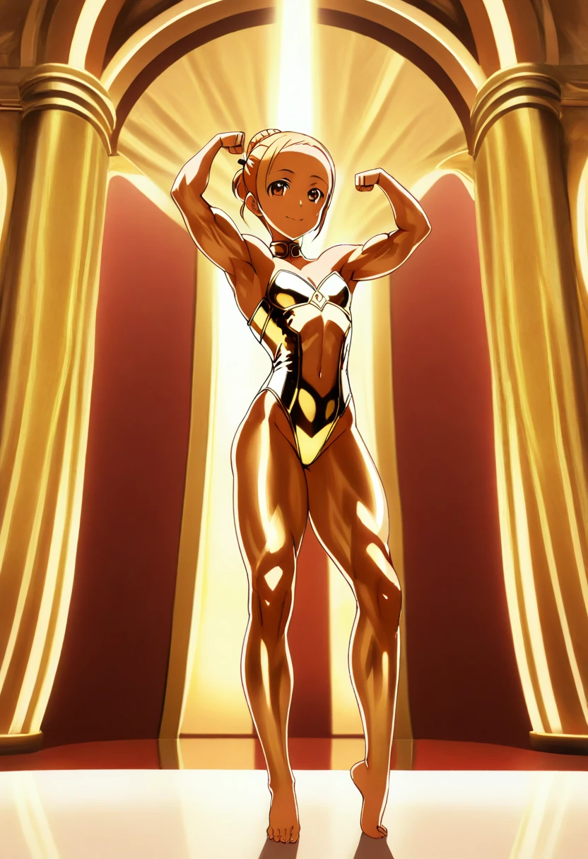 1girl, solo, official style, young girl, children, Yui, Sao, sword_art_online, blonde hair, high hair bun, single hair bun, ballerina bun, forehead, board forehead, makeup, gold face, brown eyes, (metallic skin _1.5), (gold skin_3.0), bodypaint, shiny skin, body shiny, glowing skin, goldcarvingcd, SlightMuscle, Bulky, Bodybuilder, Hypermuscle, alternate muscle size, leotard, gold leotard, highleg, clothing cutout, stomach cutout, looking at viewer, smile, closed mouth, full body, standing, from side, bare shoulder, barefoot, pose, arms up, double biceps pose, flexing, indoors, museum, building, light,