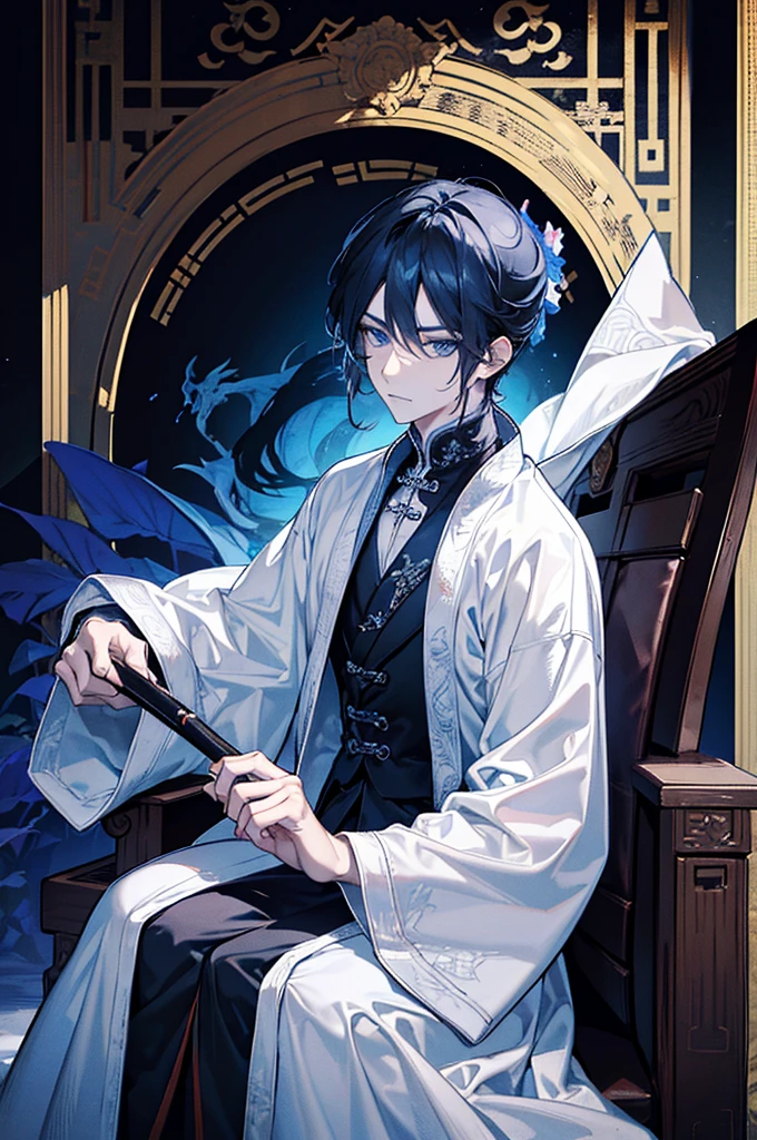 The man wore a black and white robe and had a dragon pattern on his tai chi. , Handsome like a villain,blue eyes,Bright theme , Prince of the family , sit in chair