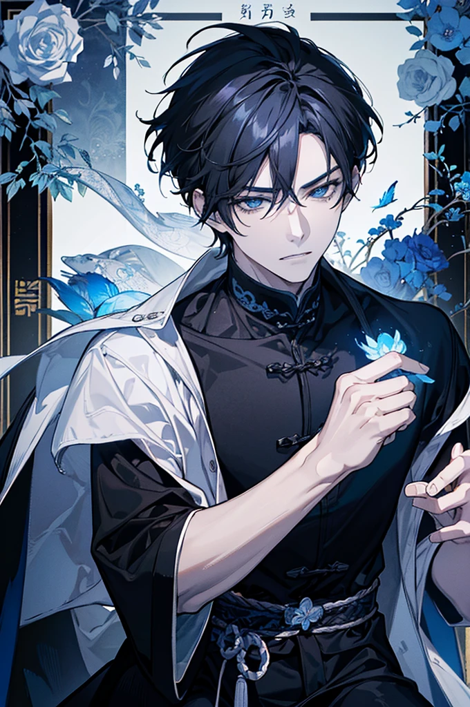 The man wore a black and white robe and had a dragon pattern on his tai chi. , Handsome like a villain,blue eyes,Bright theme , Prince of the family , sit in chair