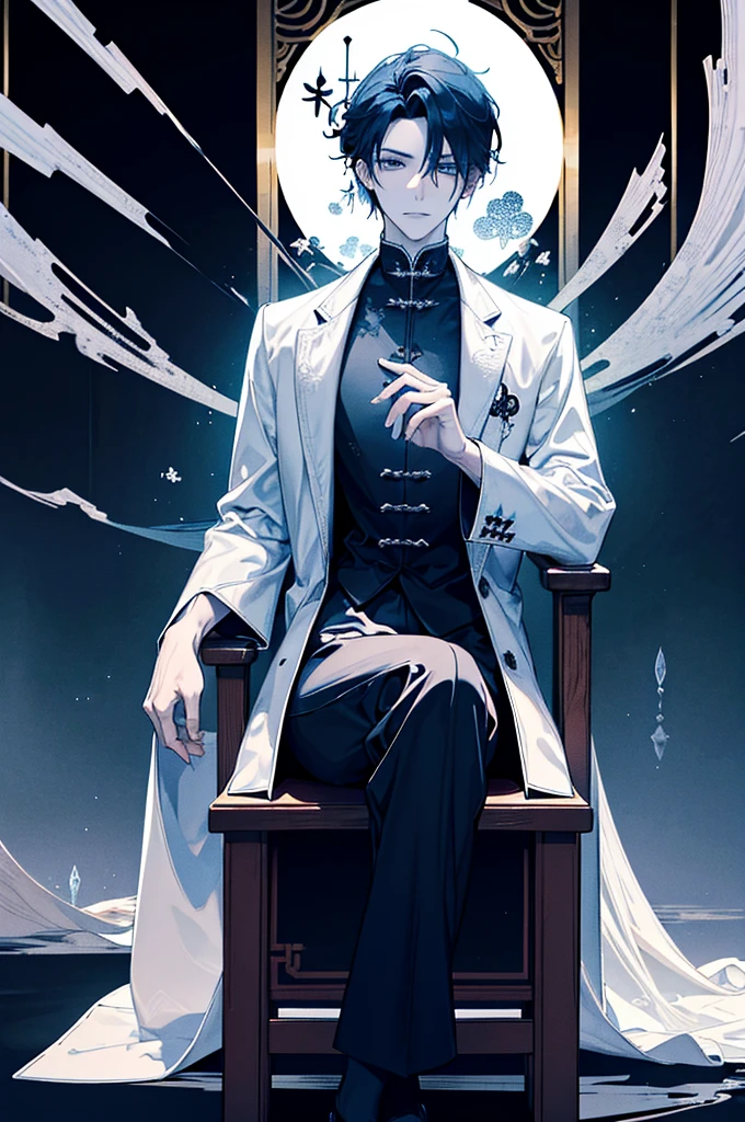 The man wore a black and white robe and had a dragon pattern on his tai chi. , Handsome like a villain,blue eyes,Bright theme , Prince of the family , sit in chair