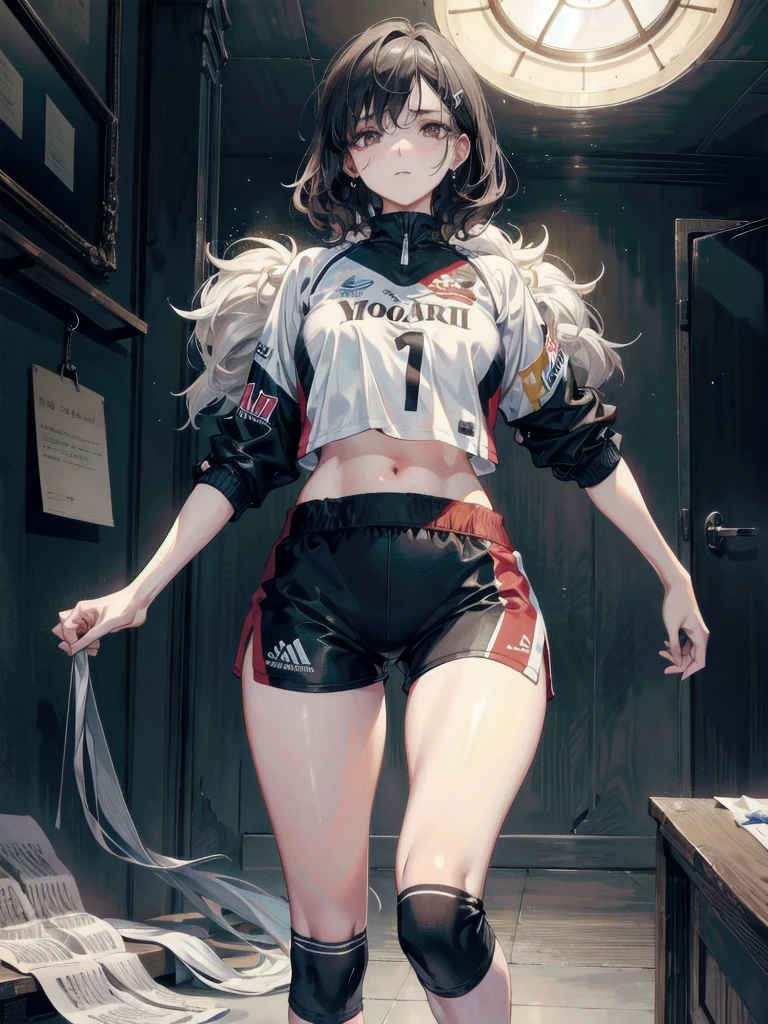 volleyball Jersey, shorts, midriff, absurdres, RAW photo, extremely delicate and beautiful, masterpiece, Best Quality, ultra high resolution, 32k, hyperrealistic, ultra-detailed, perfect figure, tearful mole, earring, whole body shot, short medium hair, wavy hair,