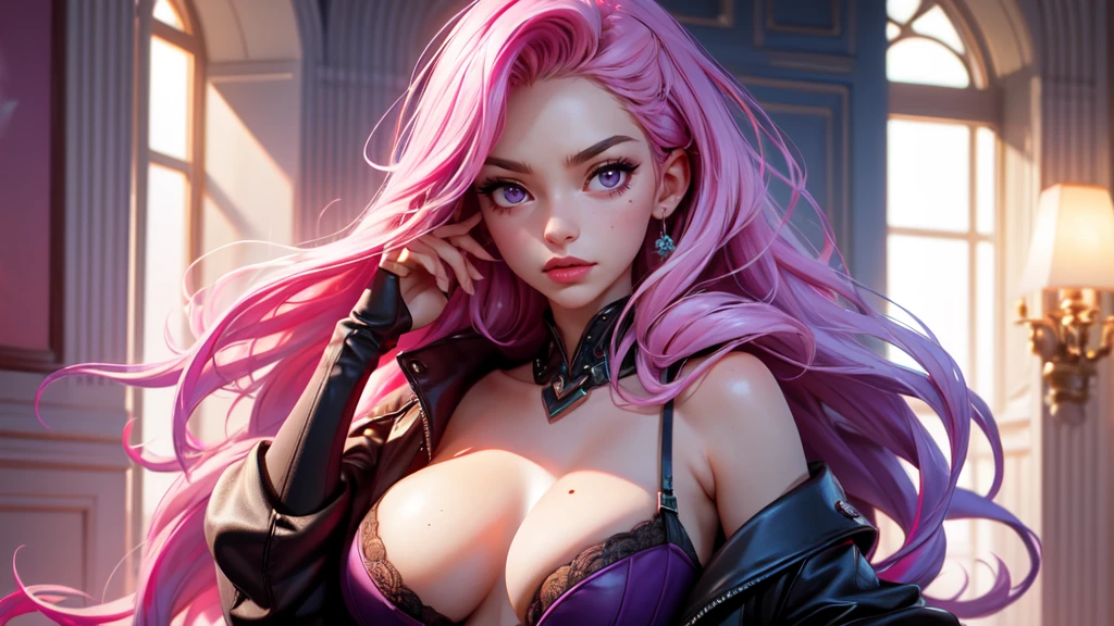 Best quality, Masterpiece, Portrait, Perfect anatomy, Femininity, Cool, Flawless, , Solo, y, Stylish, Maturple eyes, Long light pink hair, Mole above lip, Red lipstick, Big breas