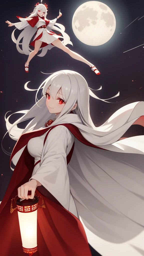 1 girl, silver hair, red eyes, white skin, smile, long hair, flying, floating in the air, white cloak, holding a lantern, Chinese lantern, night, moon, blood