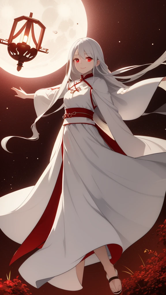 1 girl, silver hair, red eyes, white skin, smile, long hair, flying, floating in the air, white cloak, holding a lantern, Chinese lantern, night, moon, blood