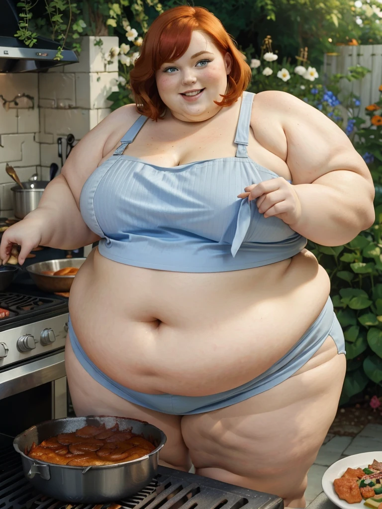 A happy photo of a young beautiful redhead bbw with short ginger hair soft fat belly, wide fat obese hips, thick fat legs and fat arms, cute pretty face, blue eyes, freckles, in underwear and cooking apron, cooking in a grill in a garden