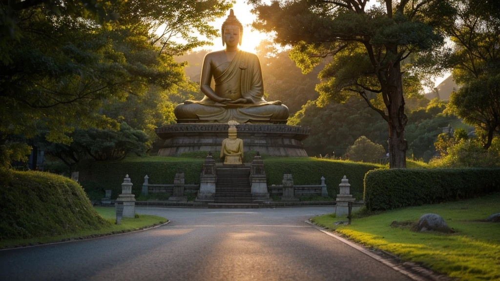 Big Buddha statue in the distance, Stone,mossy atmosphere, high goals, majestic, Sunlight background，pilgrims on the road,Sunset