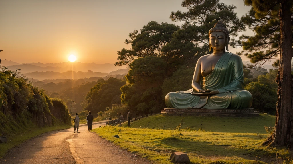 Big Buddha statue in the distance, Stone,mossy atmosphere, high goals, majestic, Sunlight background，pilgrims on the road,Sunset