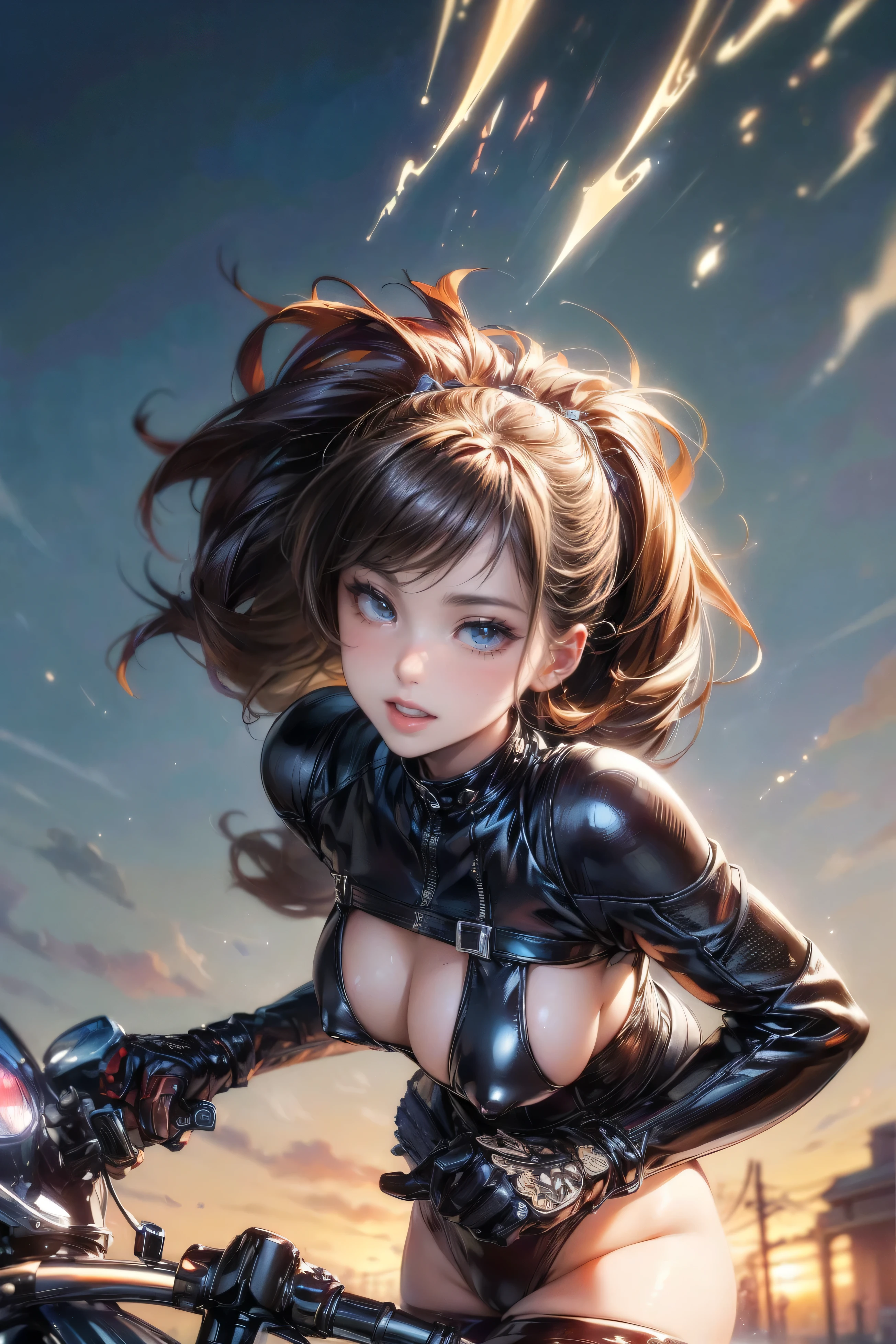 nsfw、(masterpiece, Highest quality, Super detailed:1.3), Perfect composition, 4K, (Very detailed, Super detailed), Patent leather leotard、Long gloves、Knee-high boots, High resolution, 8k Texture, Attention to detail, Highly detailed skin texture, Magnificent details, High Sharpness, One girl, (Fine grain:1.3), (25-year-old woman:1.3),(Riding a big motorcycle)、((Face down on a motorcycle:1.3))、View Viewer、smile、Butt Emphasis、Erect nipples