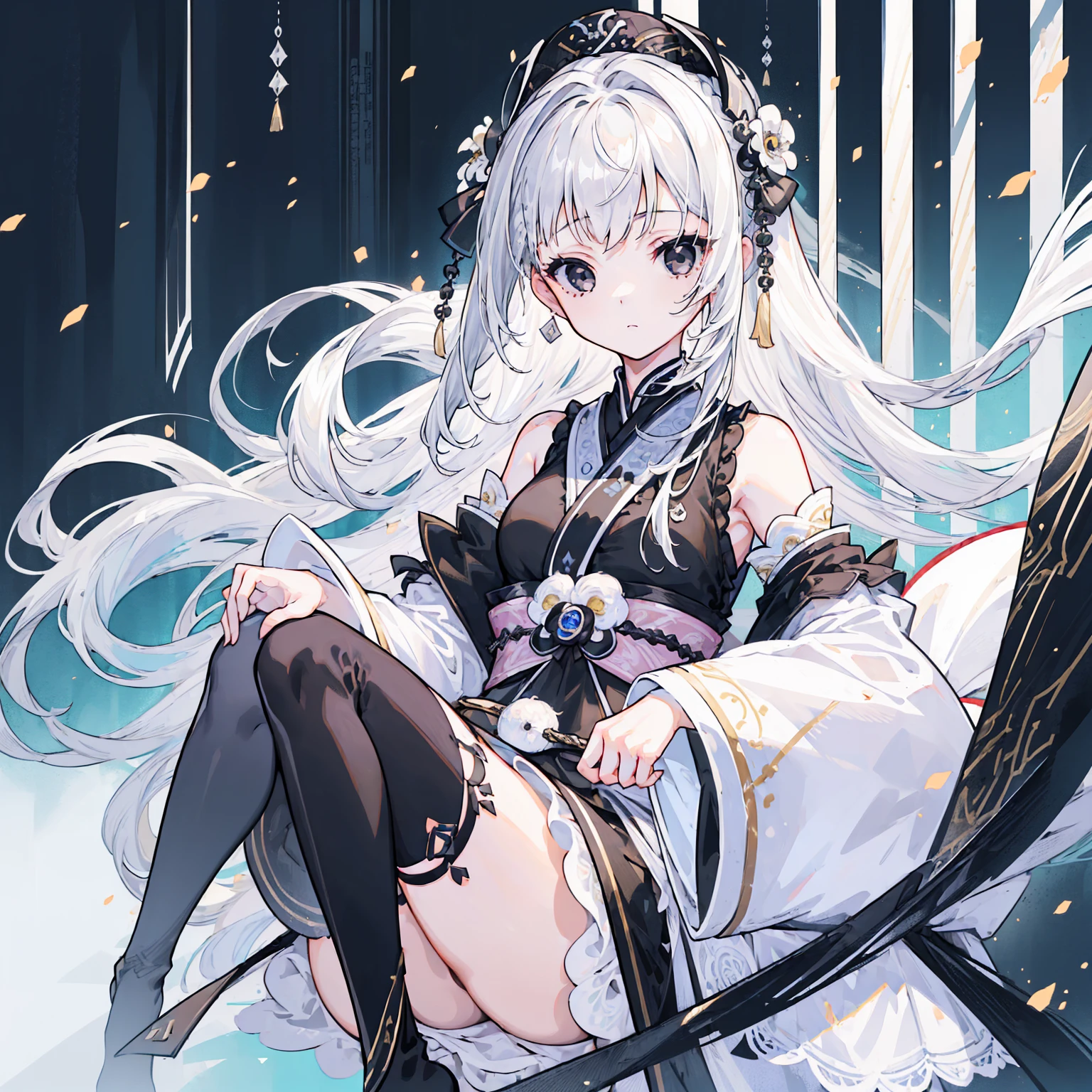 (Top image quality)、(Ultra Detailed)、(Facing forward)、top quality、masterpiece、(((1 girl:1.ilver Hair、white hair、((Long hair))、(black eyes:1.6)、(Hanfu)