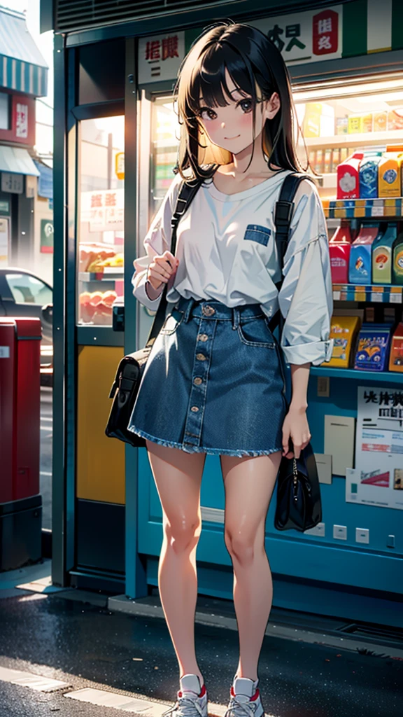 (8K, RAW Photos, 最high quality, masterpiece:1.2), high qualityのRAWカラー写真, Professional photo shoot, Cinematic Light, alone, (((young woman, Gal))), (Sharp features), (Small face), (Skin with attention to detail:1.2), clavicle, Cute face, Beautiful appearance, Long eyelashes,Girl Turning Around, smile, (Black Hair, Long straight line), Jersey, Denim mini skirt, sneakers, Backpack, Night Park, Confident attitude, Capture the happy moment, Artistic painting,Attractive thighs, (A very fine touch:1.2), (はにかんだsmile), Peaceful atmosphere, Oil painting style, Bright colors, (Are standing:1.5, Inside a convenience store, Full body portrait), Smooth texture, Gazing Eyes, Beautiful Skin, Shiny skin, ((Perfect Fingers, Five Fingers, Anatomically correct)), Background Blur, high quality, Surreal, ((Very detailed, photo shoot)),A large number of people、blush、plump