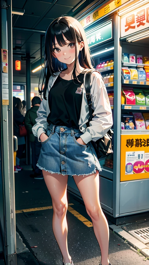 (8K, RAW Photos, 最high quality, masterpiece:1.2), high qualityのRAWカラー写真, Professional photo shoot, Cinematic Light, alone, (((young woman, Gal))), (Sharp features), (Small face), (Skin with attention to detail:1.2), clavicle, Cute face, Beautiful appearance, Long eyelashes,Girl Turning Around, smile, (Black Hair, Long straight line), Jersey, Denim mini skirt, sneakers, Backpack, Night Park, Confident attitude, Capture the happy moment, Artistic painting,Attractive thighs, (A very fine touch:1.2), (はにかんだsmile), Peaceful atmosphere, Oil painting style, Bright colors, (Are standing:1.5, Inside a convenience store, Full body portrait), Smooth texture, Gazing Eyes, Beautiful Skin, Shiny skin, ((Perfect Fingers, Five Fingers, Anatomically correct)), Background Blur, high quality, Surreal, ((Very detailed, photo shoot)),A large number of people、blush、plump