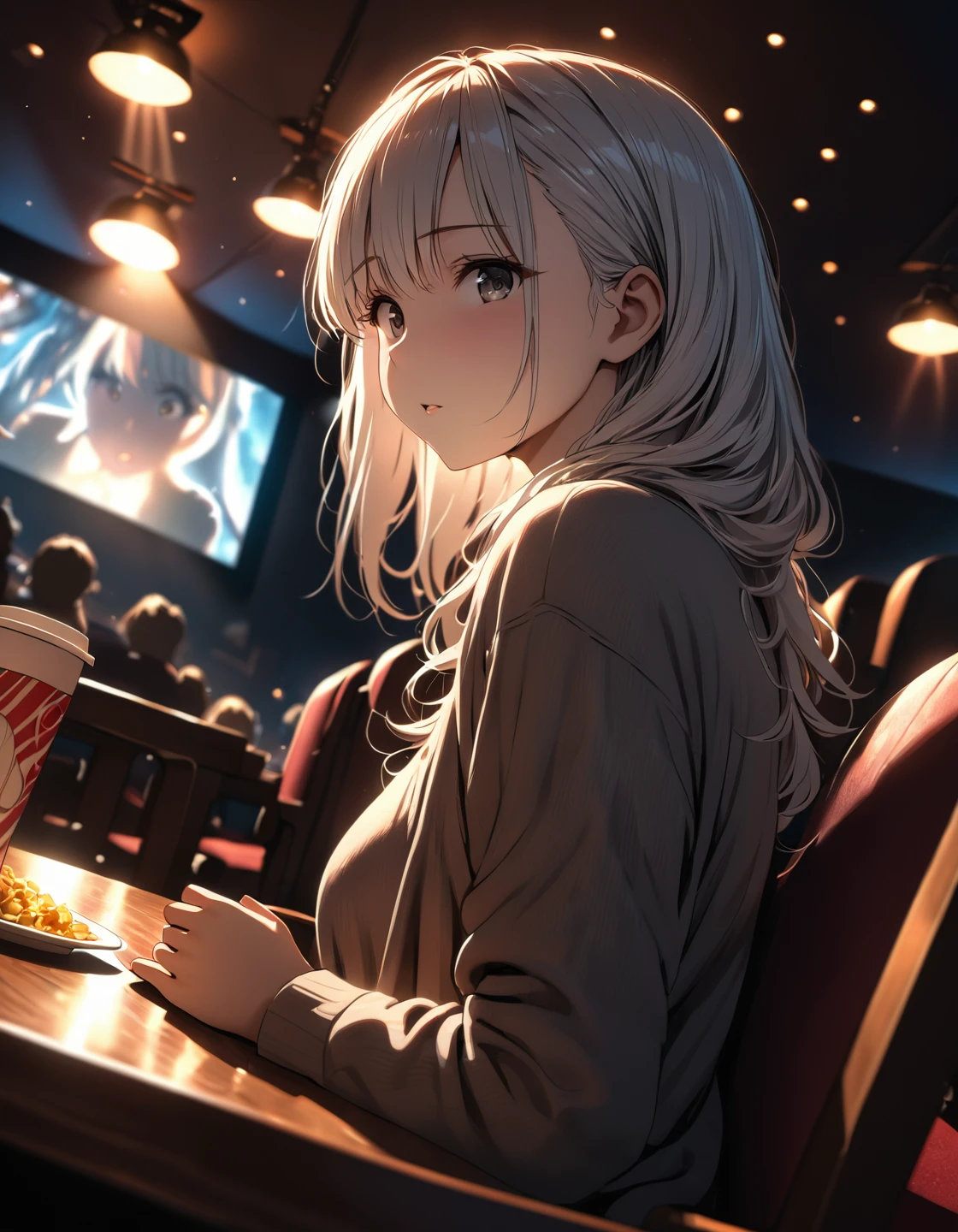 anime,One girl,Long white hair,Grey Eyes, Sitting, I have a book,View your viewers,( eating holding ピザ :1.5), coffee, Chair, table, restaurant, Movie angle, Cinema Lighting, masterpiece, Highest quality(Depth of field hdr 8k 4k wallpaper Movie angle, Cinema Lighting,:1.5) (masterpiece, Highest quality:2.0), (Depth of field hdr 8k 4k wallpaper Movie angle, Cinema Lighting,:1.5) (masterpiece, Highest quality:2.0)