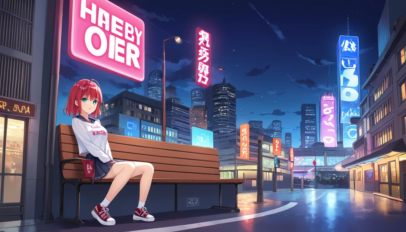 High definition photos. The sky is dark and full of dark clouds. A city full of neon signs on a dark night. There is rainwater on the city streets. An 18-year-old girl sits forlornly on her bench.
The girl looks at the sky with her face lifted and her chin held high. Her hair blows in the wind. The girl is wearing her pleated skirt and her bb sneakers.
A close-range shot of the girl's profile.