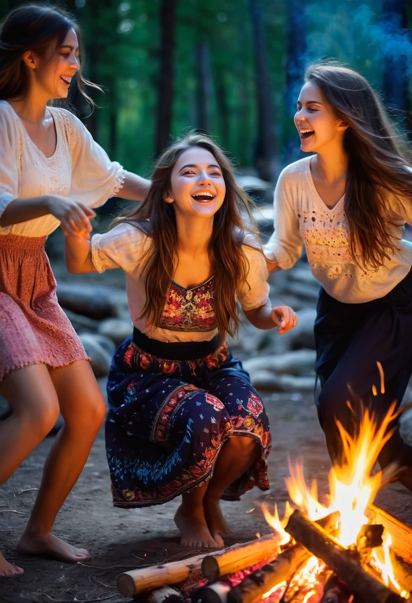 (girls dancing around the bonfire),Mediovale, highy detailed, beautiful detailed eyes,beautiful detailed lips,extremely detailed eye and face,long eyelashes,wild and loose hair,bright and radiant smiles,warm and inviting atmosphere,outdoor setting,lively and energetic movements,the fire roaring from the fire,firelight illuminating their faces,sparkling and dancing shadows,soft and bright light,picturesque surroundings,natural scenery with trees and mountains,magical atmosphere,night sky full of stars,vibrant and lively colors,Intricate details on your clothes,fluid and graceful dance movements,joyful laughter and singing,harmonious rhythm and synchronization,deep connections and friendships,drum rhythm and music,festive and lively atmosphere,moments of shared happiness,unforgettable memories,bright and cheerful mood,expressions of and joy,creative and artistic inspiration,pure and untouched nature,warmth and comfort of the campfire,comfort and relaxation,endless possibilities for creativity