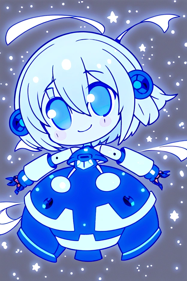 Robot girl, she herself is white and blue, she has short white hair down to her shoulders, she also has blue eyes, instead of ears she has mechanical rays of white and blue colors, she has a smile on her face, and also it is hollow.