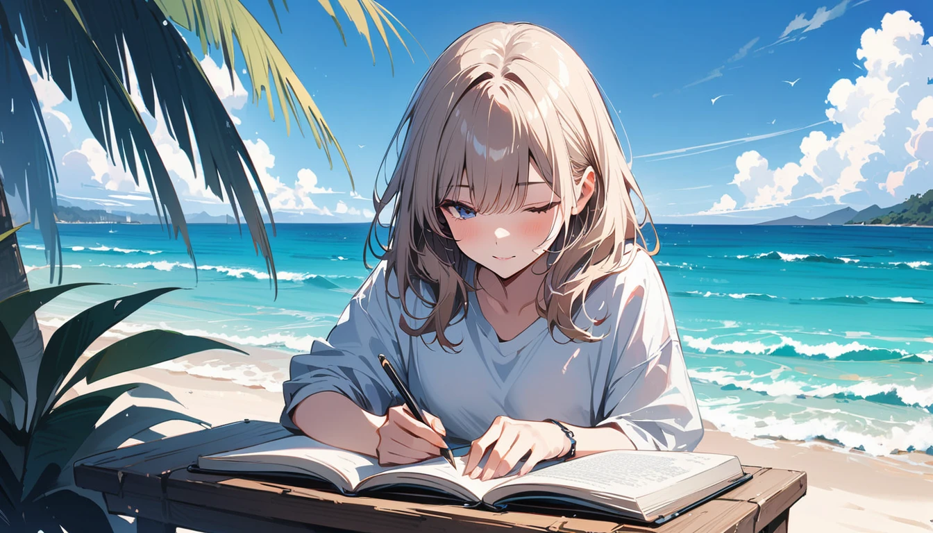 (masterpiece, Highest quality:1.2), 1 Girl, alone,Eyes open,I have a book,Tropical atmosphere,Ocean